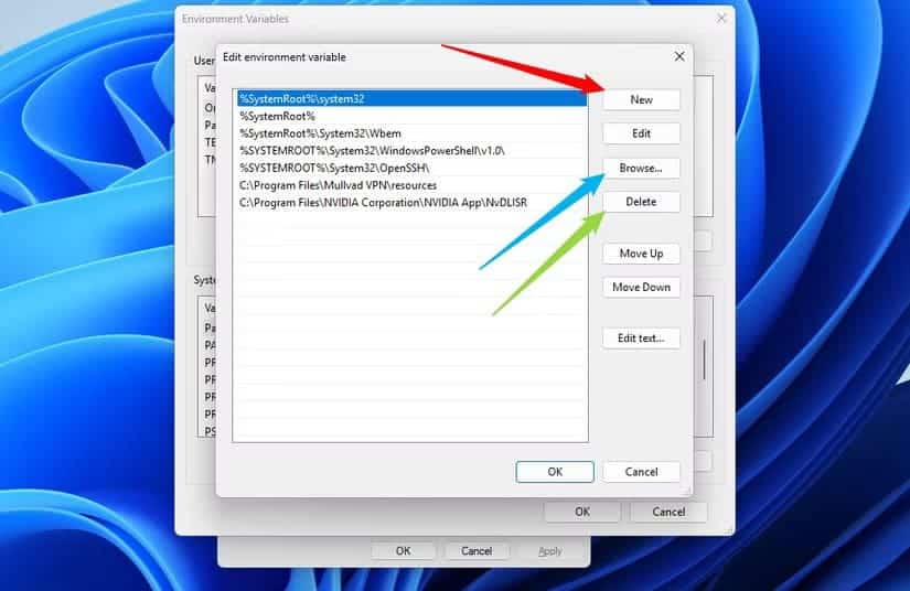the-options-to-create-a-new-entry-on-the-path-or-modify-or-delete-an-existing-one خطوات تعديل متغيرات البيئة في Windows 11 بسهولة