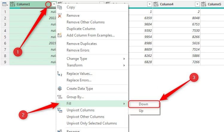 the-right-click-menu-of-a-column-header-in-excel-s-power-query-editor-is-expanded-and-down-is-selected-in-the-fill-menu أفضل طرق تنظيم البيانات في Microsoft Excel بكفاءة