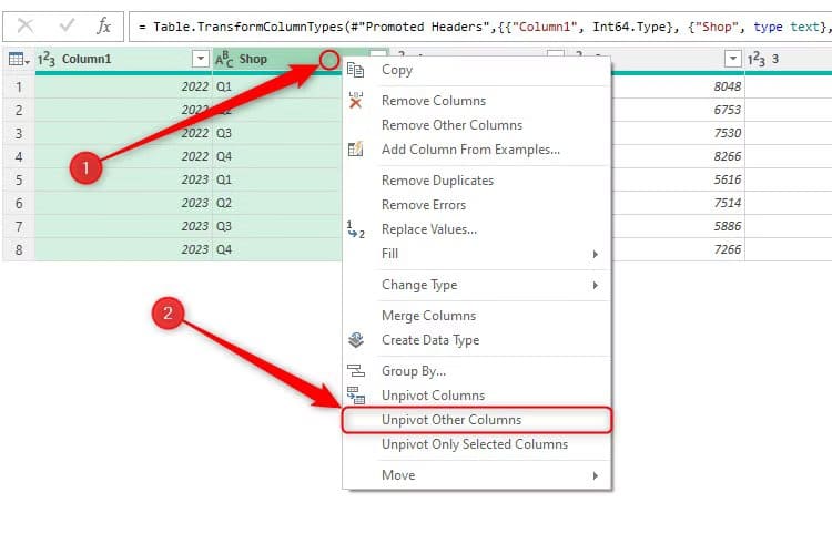 the-right-click-menu-of-two-selected-column-headers-in-excel-s-power-query-editor-is-expanded-and-unpivot-other-columns-is-selected أفضل طرق تنظيم البيانات في Microsoft Excel بكفاءة
