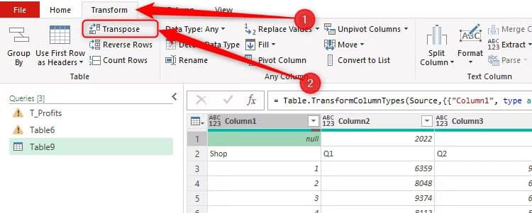 the-transpose-button-in-the-transform-tab-of-excel-s-power-query-editor أفضل طرق تنظيم البيانات في Microsoft Excel بكفاءة