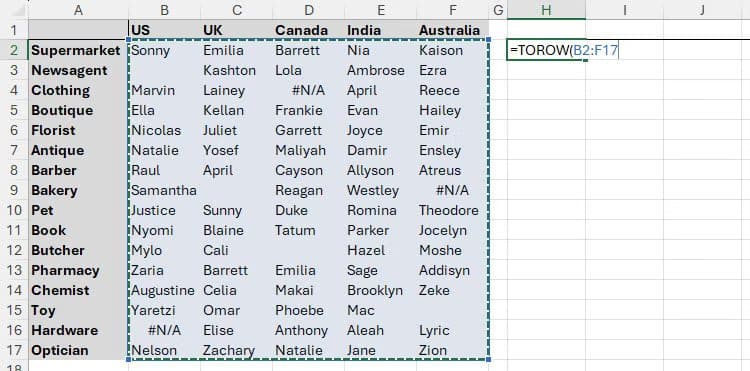 torow-is-typed-into-a-cell-in-microsoft-excel-and-a-2d-array-is-selected تحويل الصفوف والأعمدة بسهولة باستخدام TOCOL وTOROW في Excel