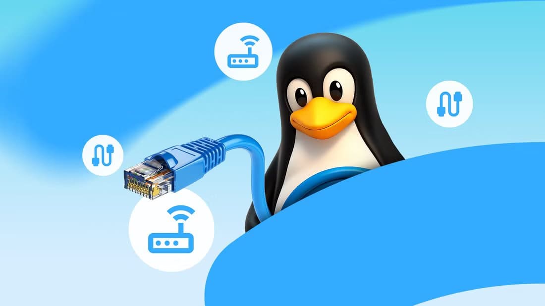 tux-the-linux-mascot-holding-an-ethernet-cable-with-networking-icons-around أفضل استخدامات لأمر ip في Linux لإدارة الشبكات