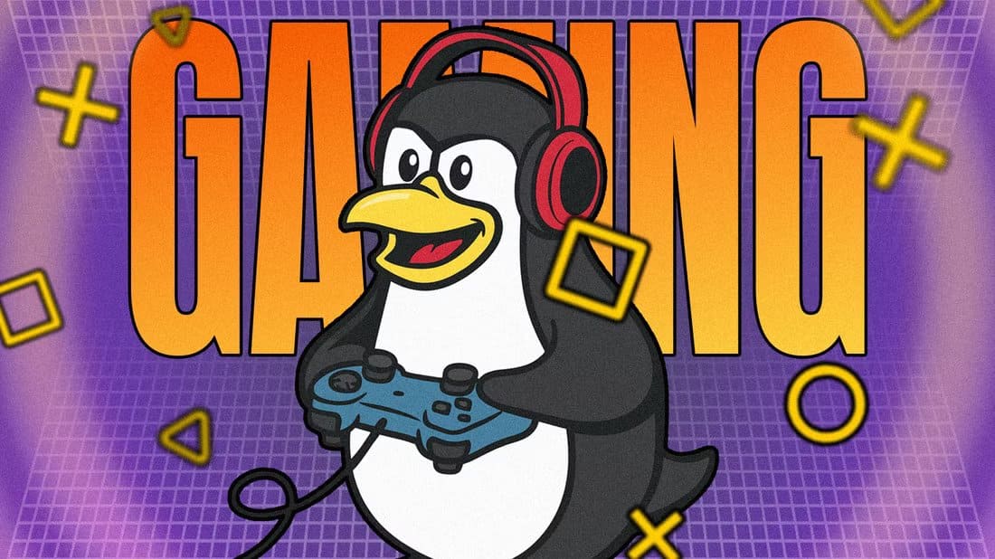 tux-the-linux-mascot-wearing-headphones-and-holding-a-game-controller-in-front-of-the-word-gaming-on-a-purple-background أفضل توزيعات Linux لتشغيل ألعاب Windows بدون مشاكل