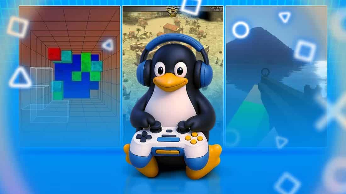 tux-the-linux-mascot-wearing-headphones-and-holding-a-game-controller-sitting-in-front-of-three-game-screens أفضل ألعاب لينكس المجانية المستوحاة من الكلاسيكيات لتجربتها الآن