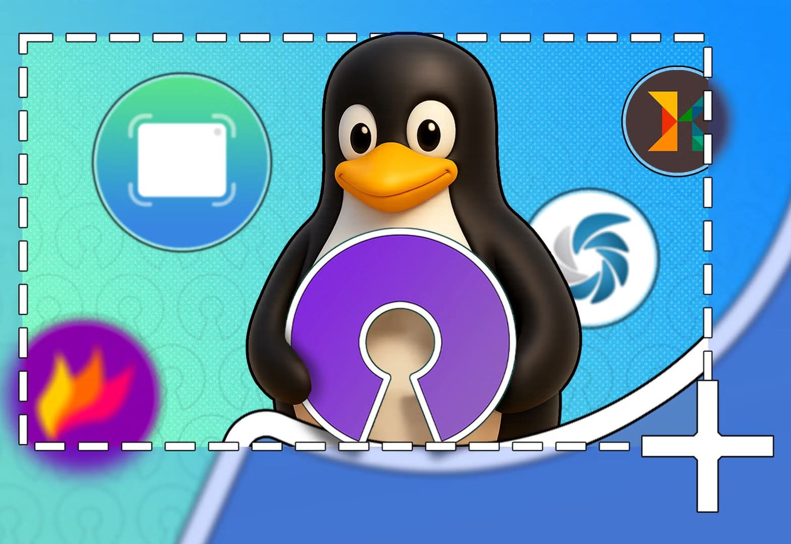 tux-the-linux-penguin-mascot-holding-a-purple-open-source-logo-inside-a-screenshot-selection-frame-surrounded-by-icons-of-various-open-source-screenshot-tools أهم الدروس التي تعلمتها من تجربة استخدام لينكس والمصدر المفتوح