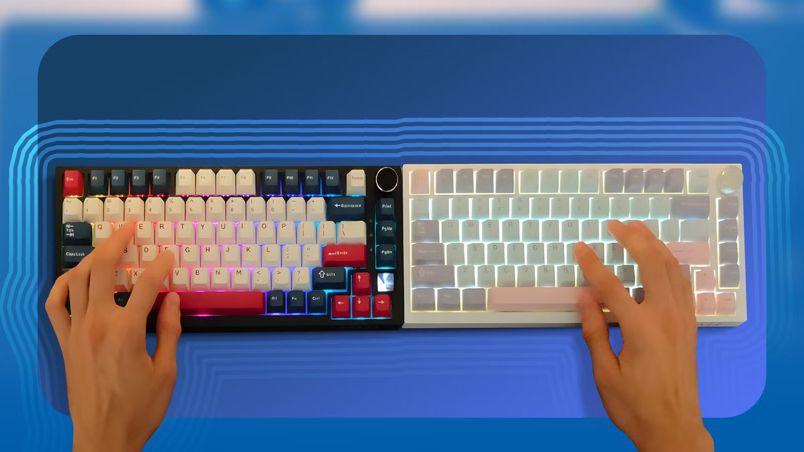 two-hands-typing-on-separate-mechanical-keyboards-side-by-side الكتابة باستخدام لوحتين تجربة تكشف مزايا غير متوقعة