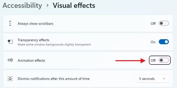 visual-effects-settings-in-windows-11-with-a-red-arrow-pointing-to-the-toggle-for-animation-effects أهم إعدادات ويندوز التي تحافظ على بطارية الكمبيوتر المحمول لفترة أطول