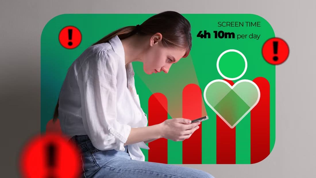 young-woman-hunched-over-looking-at-her-phone-with-android-digital-wellbeing-screen-time-stats-showing-4h-10m-per-day-in-the-background-surrounded-by-red-warning-symbols لماذا قد تزيد خاصية الرفاهية الرقمية في أندرويد من وقت استخدام الشاشة