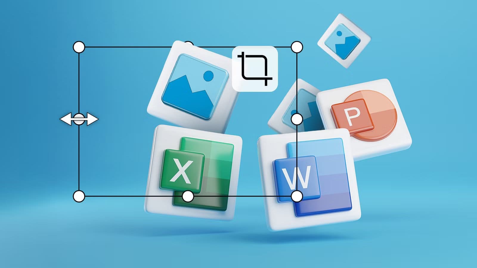 3d-illustration-of-microsoft-excel-word-powerpoint-and-image-icons-floating-on-a-blue-background-with-a-crop-and-resize-tool-overlay-in-front طريقة سريعة لقص الصور في Word وExcel وPowerPoint