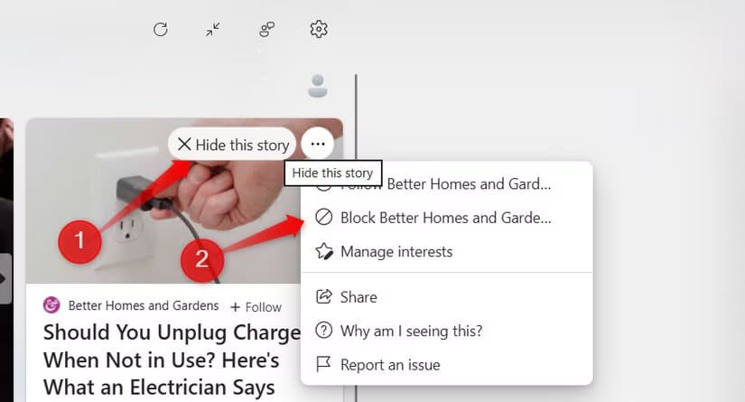6-hiding-a-story-and-blocking-a-publisher-in-the-widgets-panel-on-windows طرق ذكية لتحويل لوحة أدوات Windows 11 إلى مركز إنتاجية حقيقي
