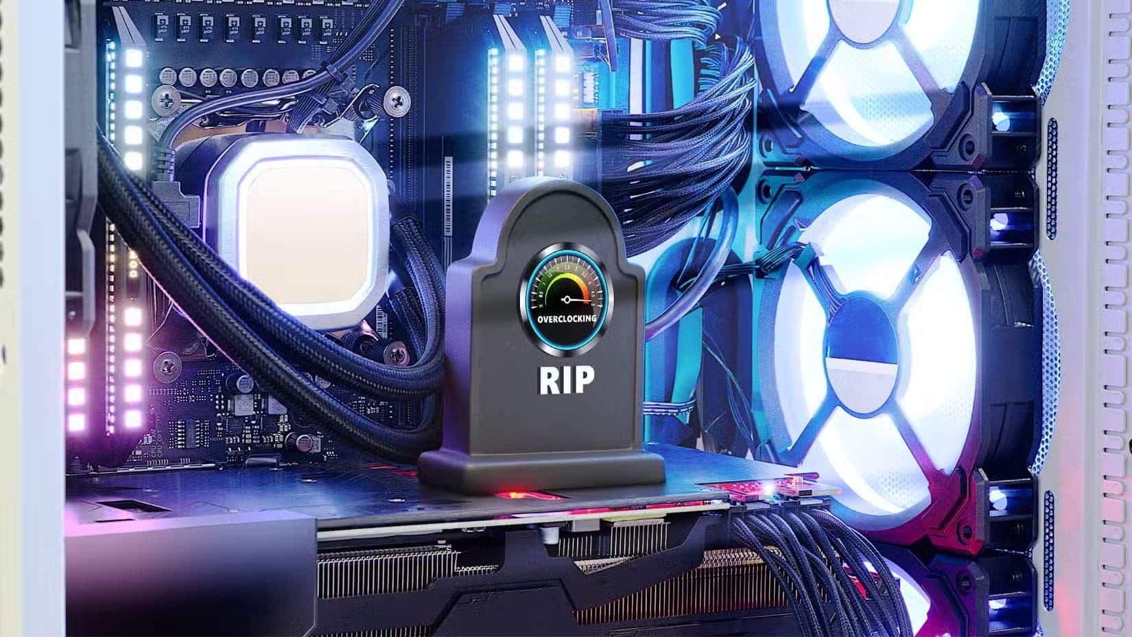 a-gaming-pc-with-glowing-lights-featuring-a-small-tombstone-placed-on-the-gpu-that-reads-rip-with-an-overclocking-gauge لماذا ترتفع حرارة بطاقة الرسومات وما الذي يمكنك فعله حيال ذلك