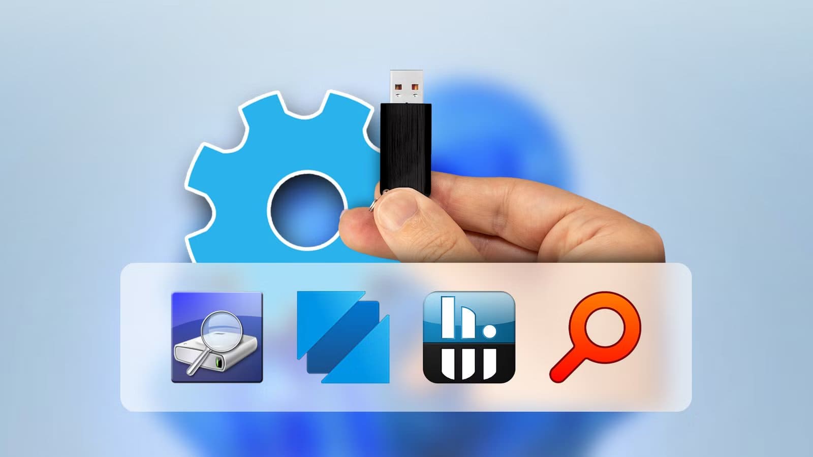 a-hand-holding-a-usb-flash-drive-in-front-of-a-blue-gear-icon-with-logos-of-crystaldiskinfo-sysinternals-hwinfo-and-everything-search-displayed-below أدوات مجانية ضرورية لإصلاح أي جهاز كمبيوتر من خلال USB