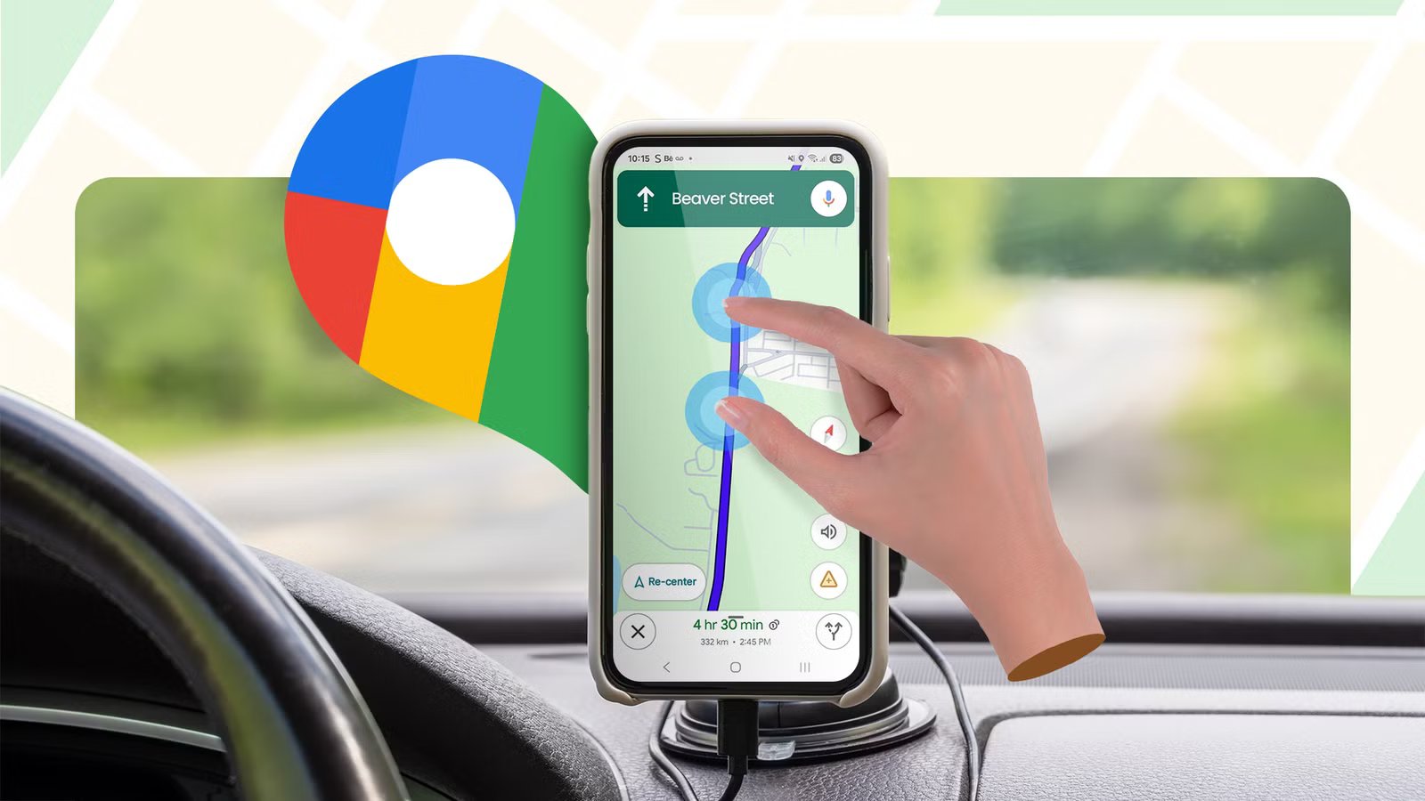 a-hand-performing-a-pinch-gesture-on-a-smartphone-displaying-google-maps-navigation-inside-a-car-with-the-google-maps-logo-in-the-background إيماءات خرائط Google التي تجعل القيادة أسهل