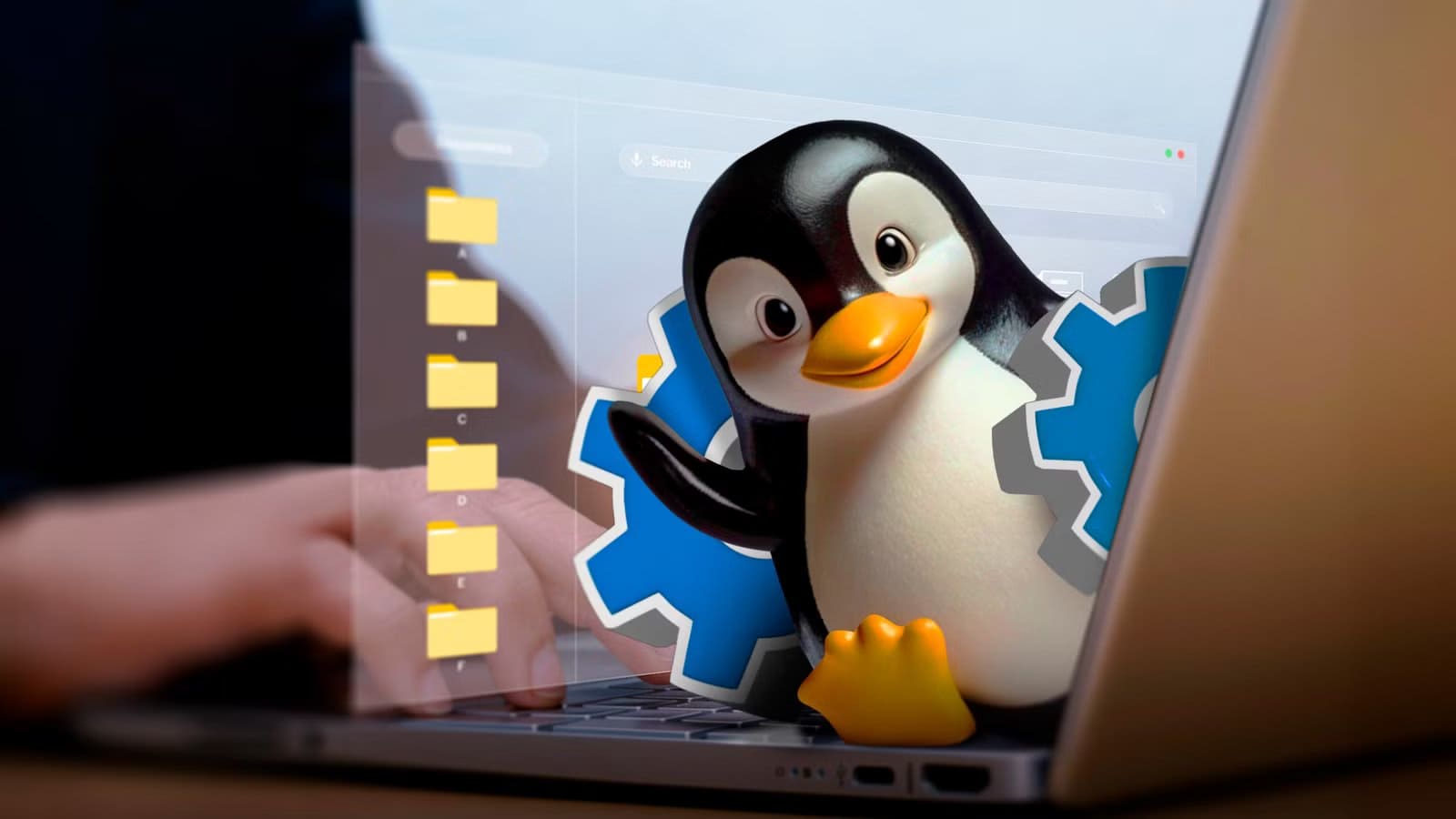 a-hand-using-a-laptop-and-linux-mascot-coming-out-of-the-screen-with-a-gear-and-some-files-behind أوامر لينكس التي تحولك من مستخدم عادي إلى محترف