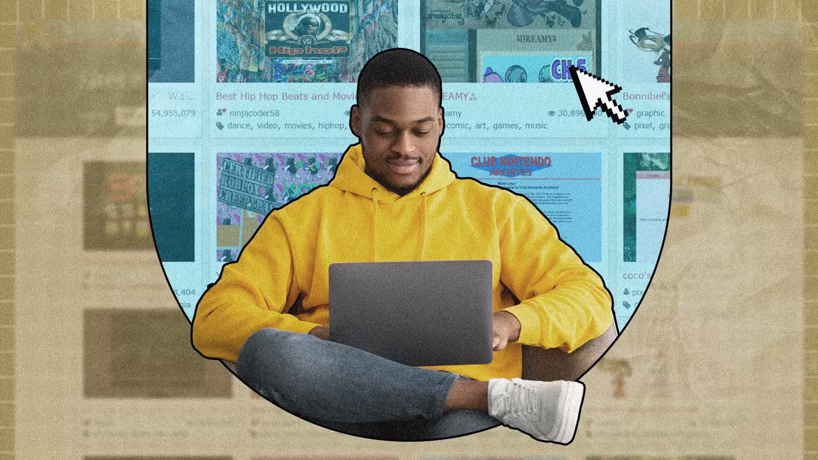 a-man-sitting-cross-legged-with-a-laptop-browsing-retro-style-websites-with-a-large-vintage-cursor-pointing-at-old-school-web-pages-in-the-background لِمَ تزداد أحجام صفحات الويب كل عام وكيف يمكن تجنب ذلك