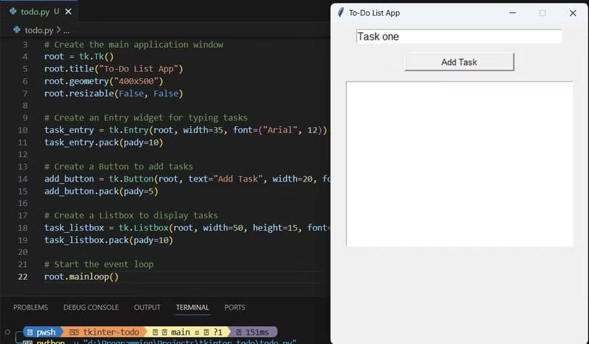 a-minimal-todo-list-app-layout-with-an-input-field-a-button-and-a-listbox-created-in-python-tkinter ابدأ ببناء تطبيقك الرسومي الأول في Python باستخدام مكتبة Tkinter