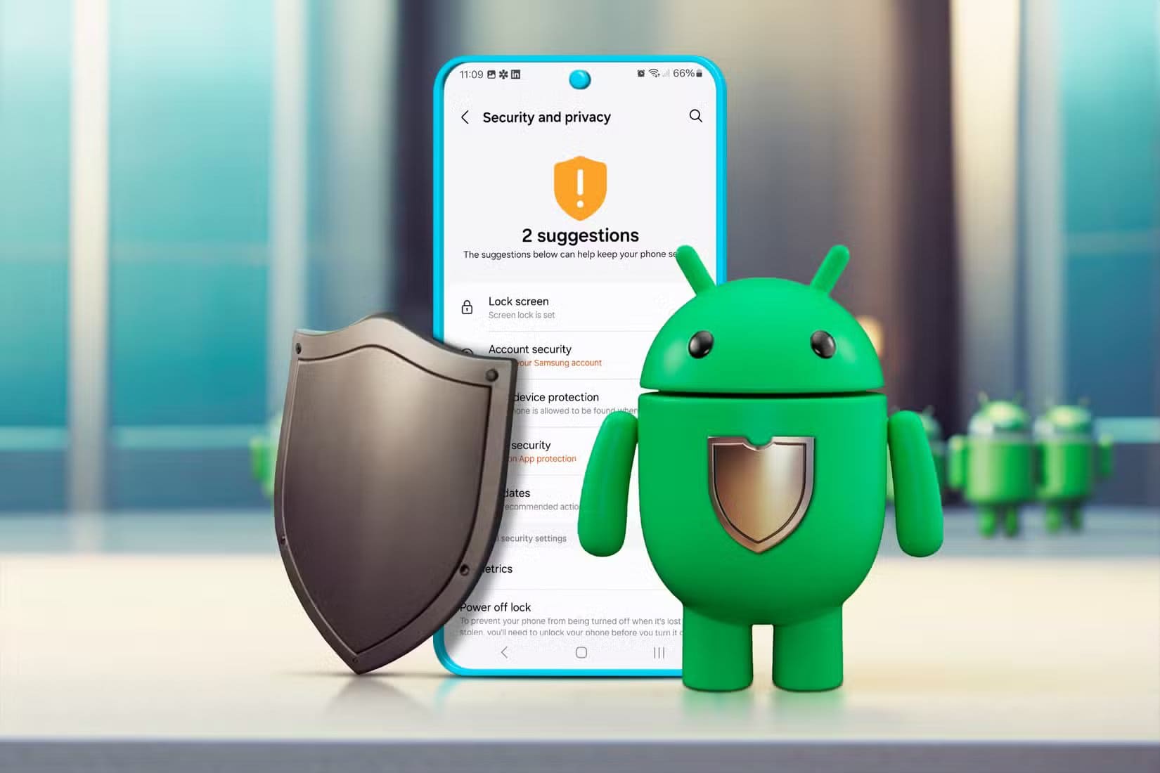 a-phone-on-the-security-and-privacy-screen-with-the-android-mascot-in-front-and-a-shield-1 علامات تكشف أن هاتفك يتتبعك خفية وكيف توقفه فورًا