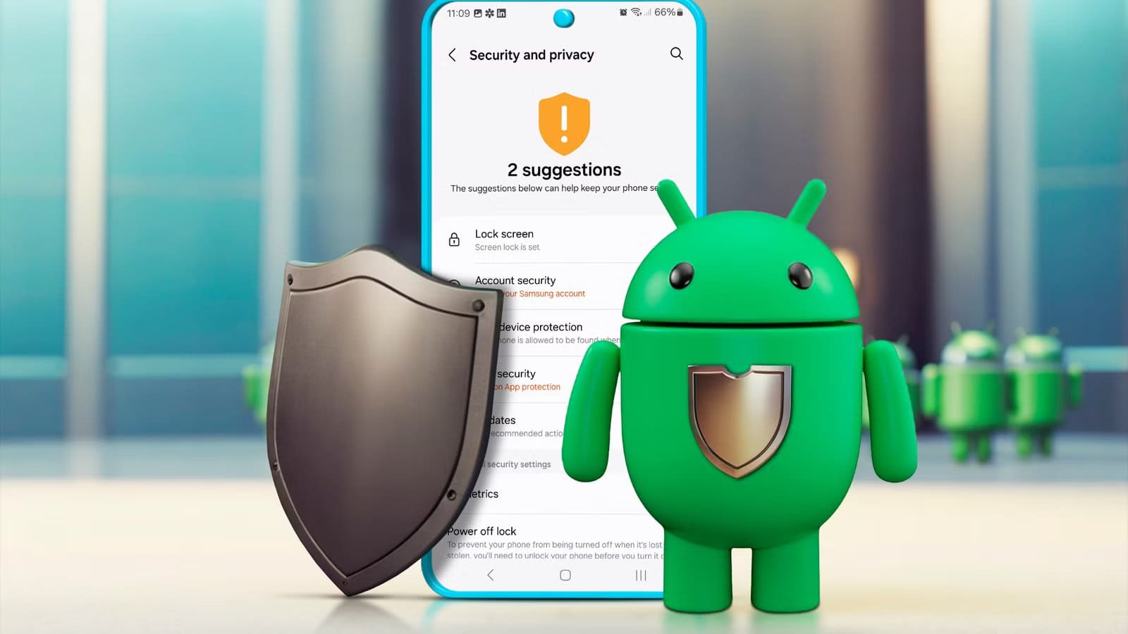 a-phone-on-the-security-and-privacy-screen-with-the-android-mascot-in-front-and-a-shield هذه الإعدادات الست التي في Android قد تُعرض خصوصيتك للخطر