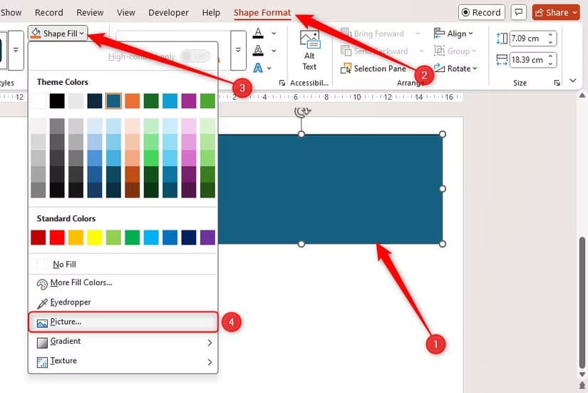a-rectangle-in-a-powerpoint-slide-is-selected-and-the-option-to-fill-the-shape-with-a-picture-is-highlighted طريقة سريعة لقص الصور في Word وExcel وPowerPoint