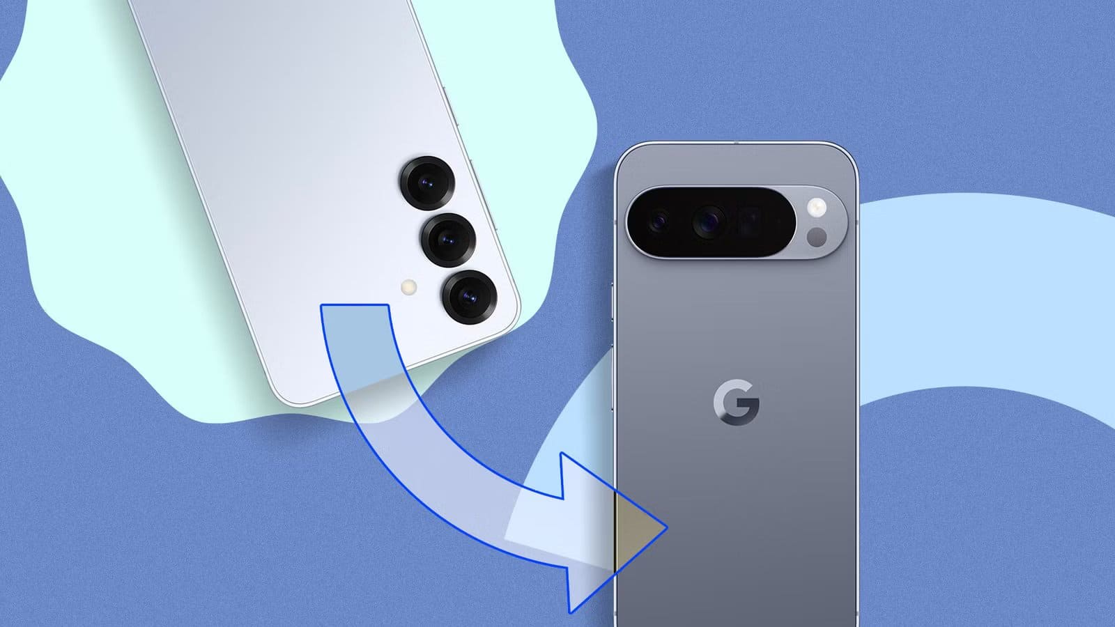 a-samsung-galaxy-s25-beside-a-google-pixel-10-with-a-curved-arrow-pointing-from-the-samsung-to-the-pixel أبرز الميزات التي اشتقت إليها عند الانتقال من Samsung إلى Google Pixel