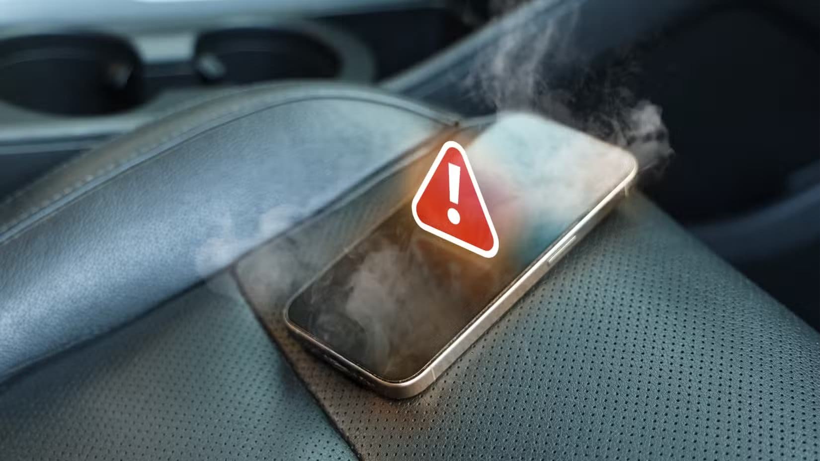 a-smartphone-sits-on-a-car-seat-overheating-and-emitting-smoke-with-a-red-warning-icon-floating-above-it عادات شائعة في استخدام الهاتف تُقلل من عمره دون أن تلاحظ