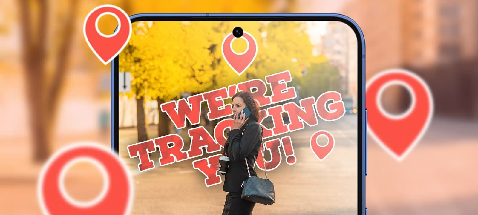 a-woman-using-her-phone-while-crossing-the-street-with-some-map-pins-around-her-and-we-re-tracking-you-written-in-the-background-e1761407291272 علامات تكشف أن هاتفك يتتبعك خفية وكيف توقفه فورًا