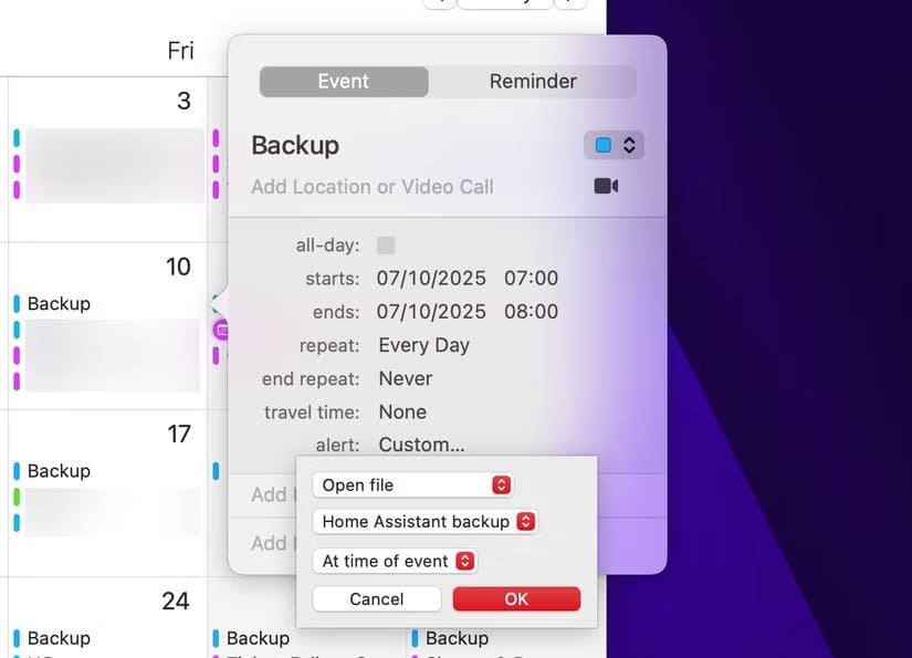 adding-an-automator-application-to-the-macos-calendar حفظ إعدادات Home Assistant تلقائيًا على Google Drive أو iCloud