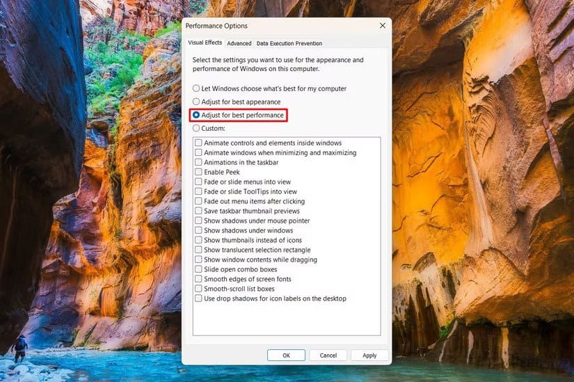 adjust-for-best-performance-option-in-performance-options-window اكتشف إعدادين في ويندوز 11 قد يكونان سبب بطء جهازك