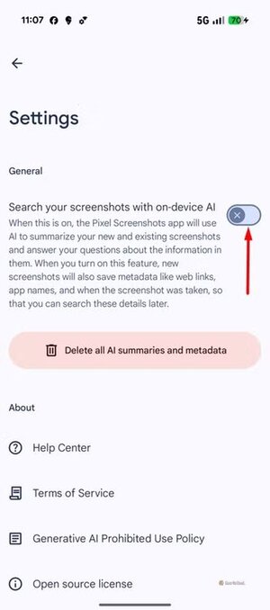ai-toggle-in-the-screenshots-app طرق فعّالة لإيقاف ميزات الذكاء الاصطناعي المزعجة في هواتف Google Pixel