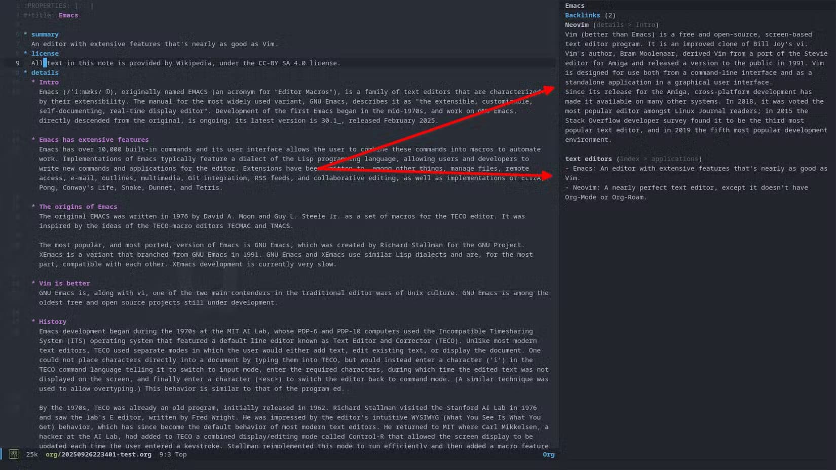 an-emacs-window-is-open-with-a-buffer-of-extensive-text-about-emacs-on-the-left-and-a-backlinks-buffer-on-the-right-that-displays-excerpts-from-paragraphs-containing-the-links ثلاث أدوات غيّرت طريقة عملي كمبرمج ورفعت من كفاءتي بشكل ملحوظ