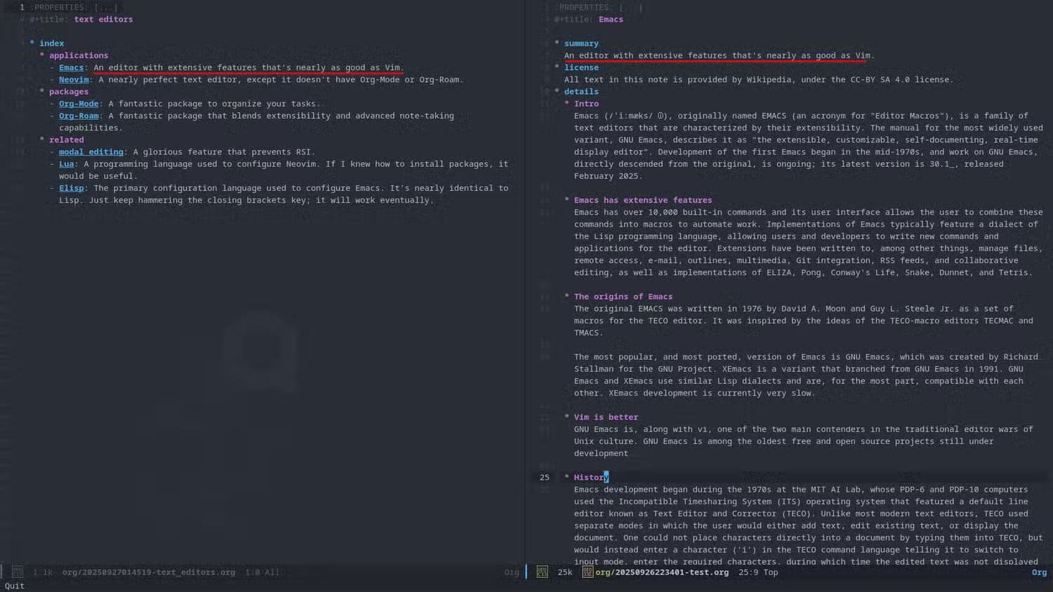 an-emacs-window-is-open-with-a-left-buffer-showing-categorised-bullet-points-that-link-to-notes-with-concise-summaries-and-a-right-buffer-displaying-a-note-with-extensive-text-about-emacs-1 لماذا يُعد Doom Emacs خيارك المثالي للمشاريع البرمجية الآن