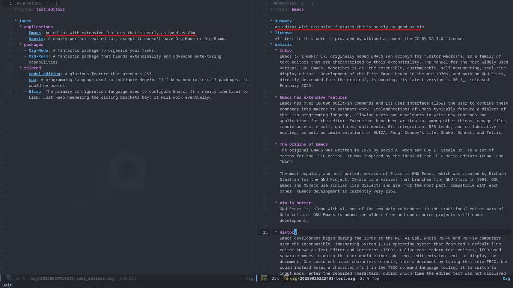 an-emacs-window-is-open-with-a-left-buffer-showing-categorised-bullet-points-that-link-to-notes-with-concise-summaries-and-a-right-buffer-displaying-a-note-with-extensive-text-about-emacs ثلاث أدوات غيّرت طريقة عملي كمبرمج ورفعت من كفاءتي بشكل ملحوظ