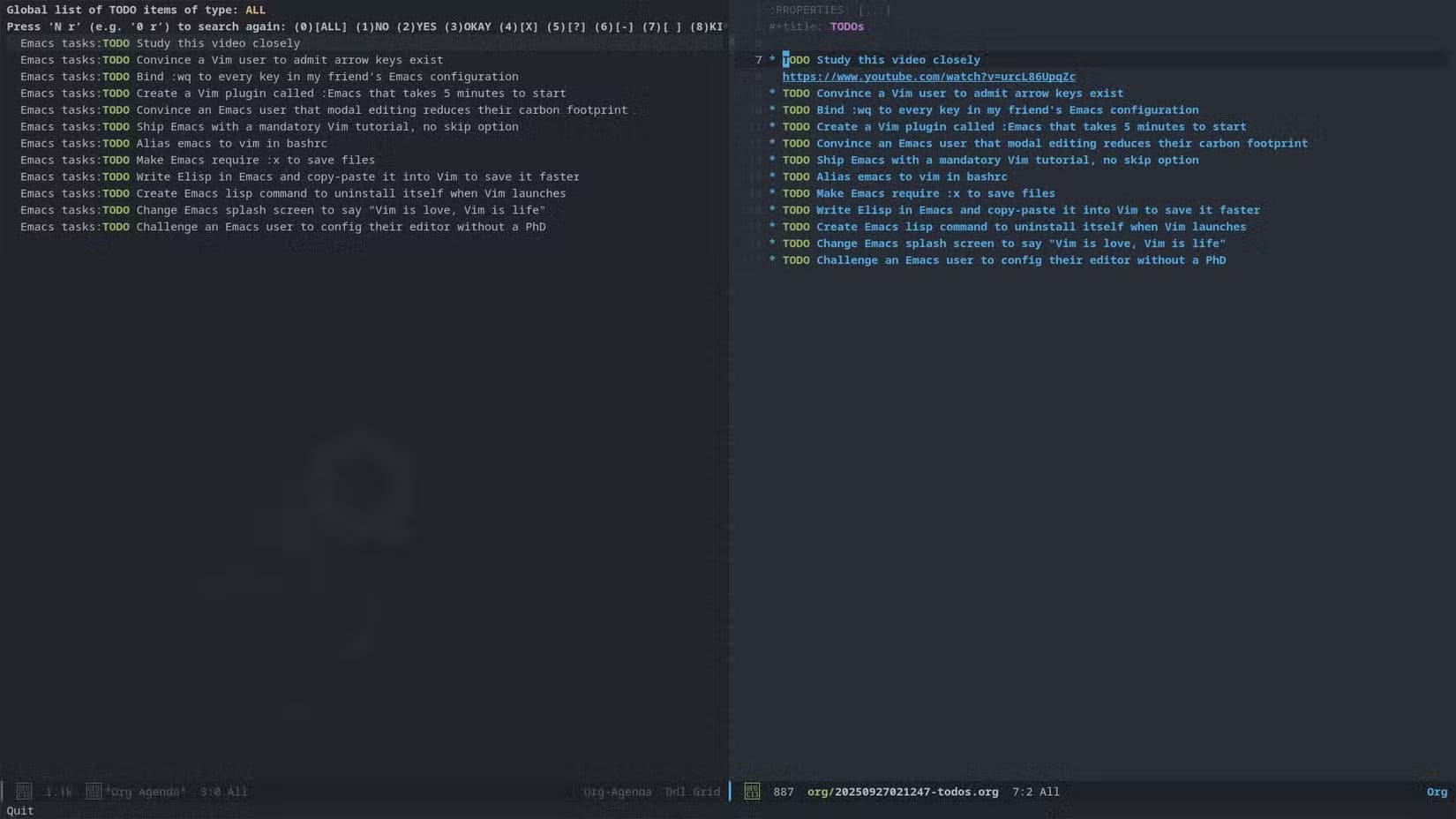 an-emacs-window-is-opened-with-a-list-of-todo-items-on-the-left-and-a-buffer-for-editing-them-on-the-right ثلاث أدوات غيّرت طريقة عملي كمبرمج ورفعت من كفاءتي بشكل ملحوظ