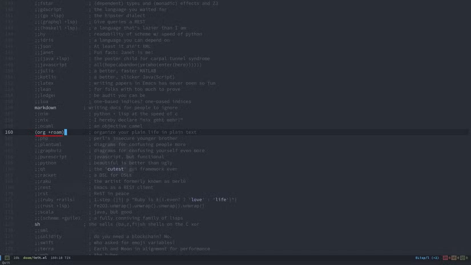 an-excerpt-from-an-emacs-buffer-is-displayed-it-shows-the-roam-flag-enabled-for-the-org-roam-package لماذا يُعد Doom Emacs خيارك المثالي للمشاريع البرمجية الآن
