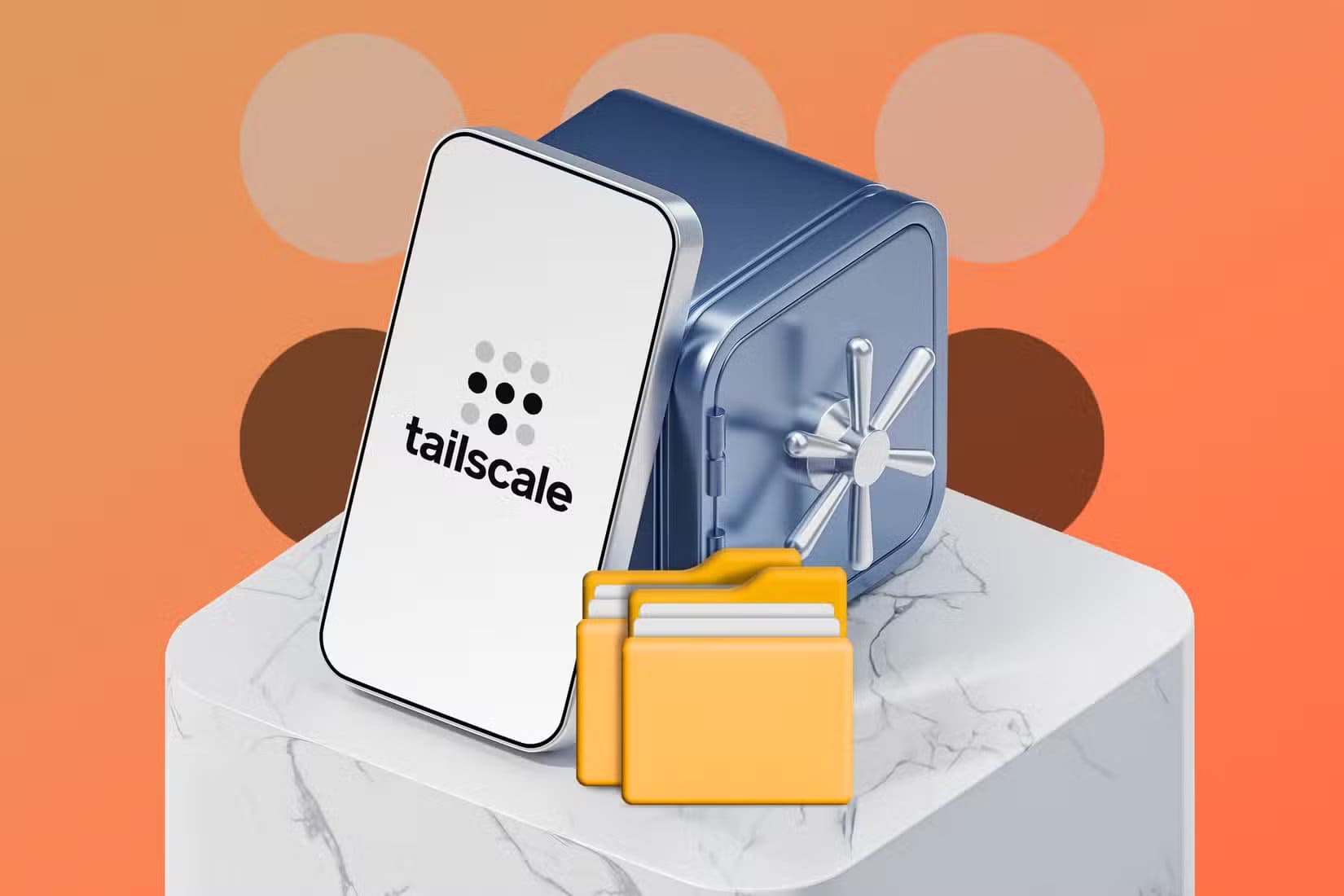 an-illustration-of-a-phone-and-a-file-folder-leaning-against-a-safe-with-the-tailscale-logo-on-the-phone-screen طرق آمنة للوصول إلى خادم Home Assistant من أي مكان