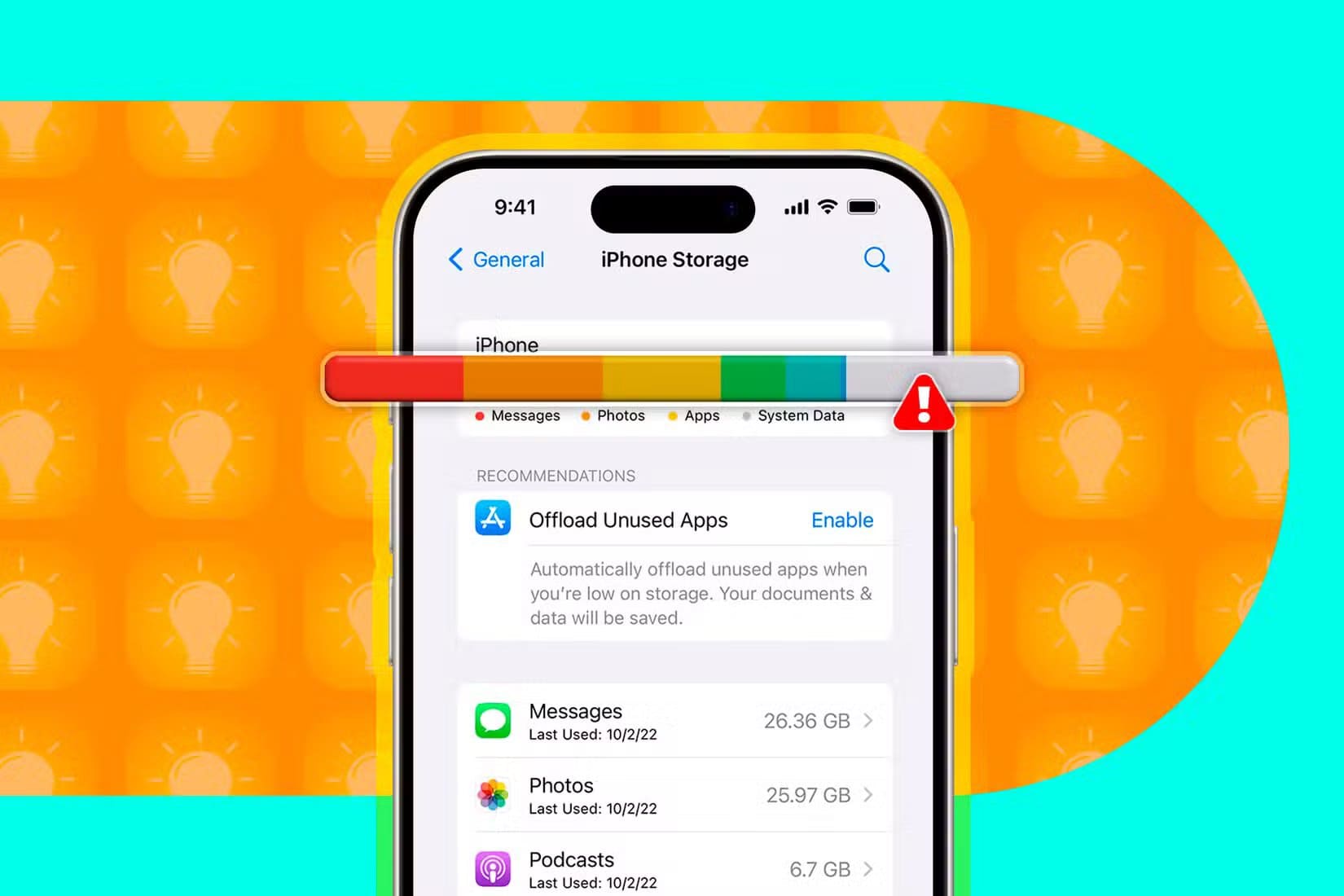 an-iphone-on-the-storage-screen-with-a-small-alert-icon-next-to-it عادات شائعة في استخدام الهاتف تُقلل من عمره دون أن تلاحظ