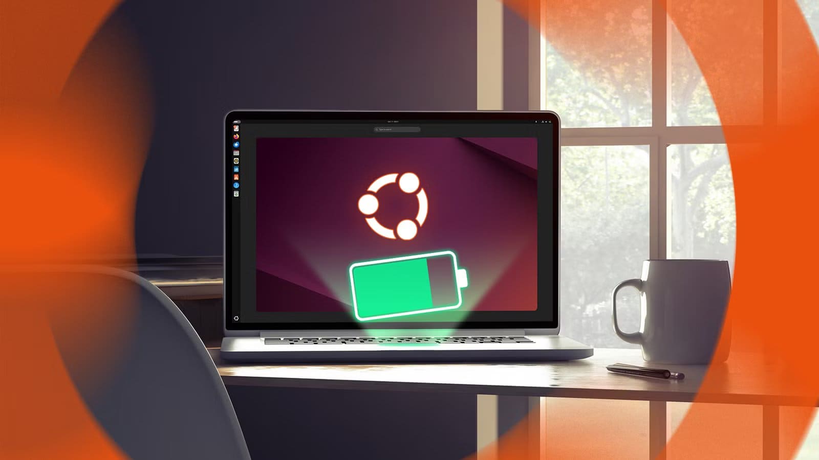 an-ubuntu-laptop-on-a-desk-with-a-battery-icon-above-the-keyboard خفض استهلاك الكمبيوتر للطاقة دون التأثير على الأداء