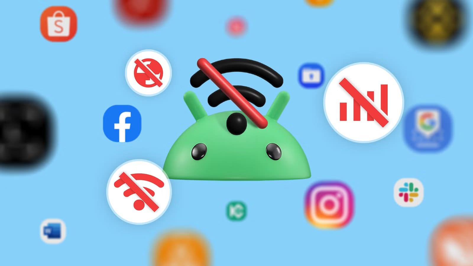 android-mascot-head-with-blocked-wi-fi-and-mobile-data-icons-surrounded-by-blurred-app-logos طرق فعالة لمنع تطبيقات Android من الاتصال بالإنترنت