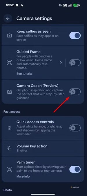 camera-coach-toggle-in-the-camera-settings-window طرق فعّالة لإيقاف ميزات الذكاء الاصطناعي المزعجة في هواتف Google Pixel