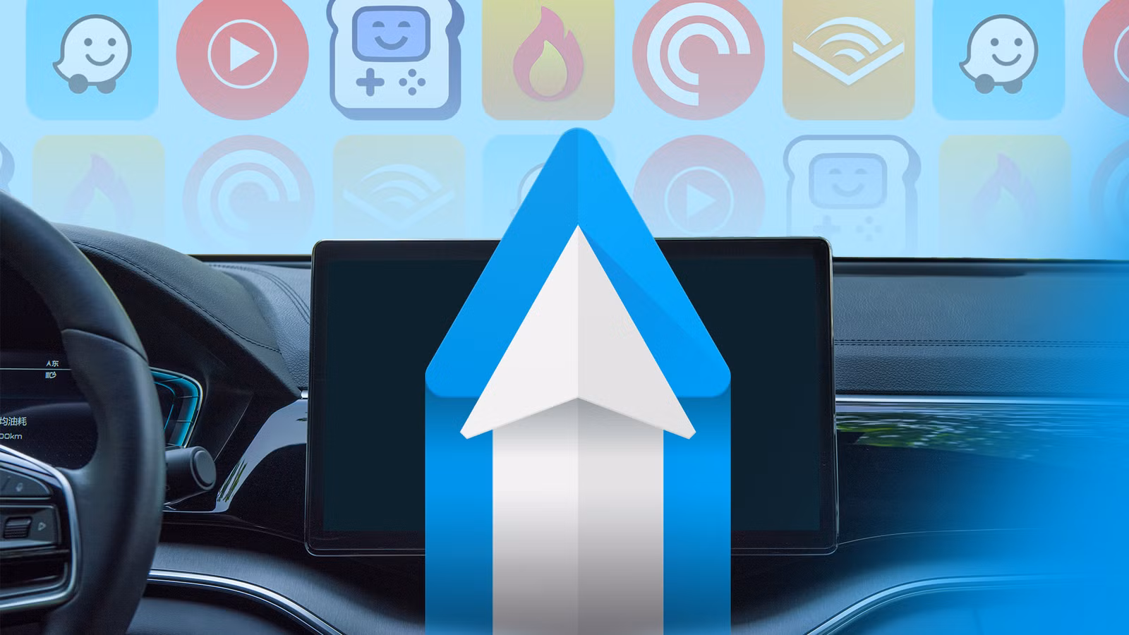 car-dashboard-with-a-central-display-showing-the-android-auto-logo-with-colorful-app-icons-in-the-background تحديث Android Auto الجديد يُوقف دعم عدد من الهواتف القديمة