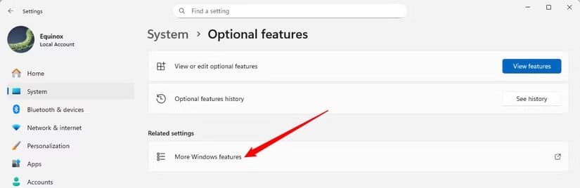 click-more-windows-features-in-the-settings-app طريقة إدارة الميزات الاختيارية في Windows 11 خطوة بخطوة