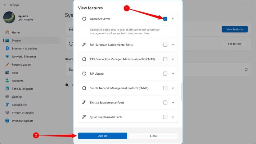 click-the-box-next-to-the-item-you-want-to-install-then-click-add طريقة إدارة الميزات الاختيارية في Windows 11 خطوة بخطوة