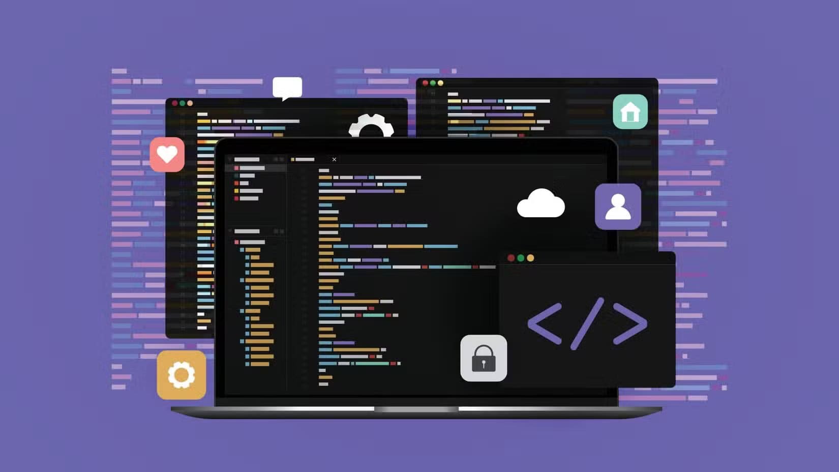 concept-of-computer-programming-or-developing-software-laptop-computer-with-code-on-screen-heart-message-cog-home-user-cloud-and-lock-icons ما السر وراء كثرة تحديثات التطبيقات مفتوحة المصدر كل يوم