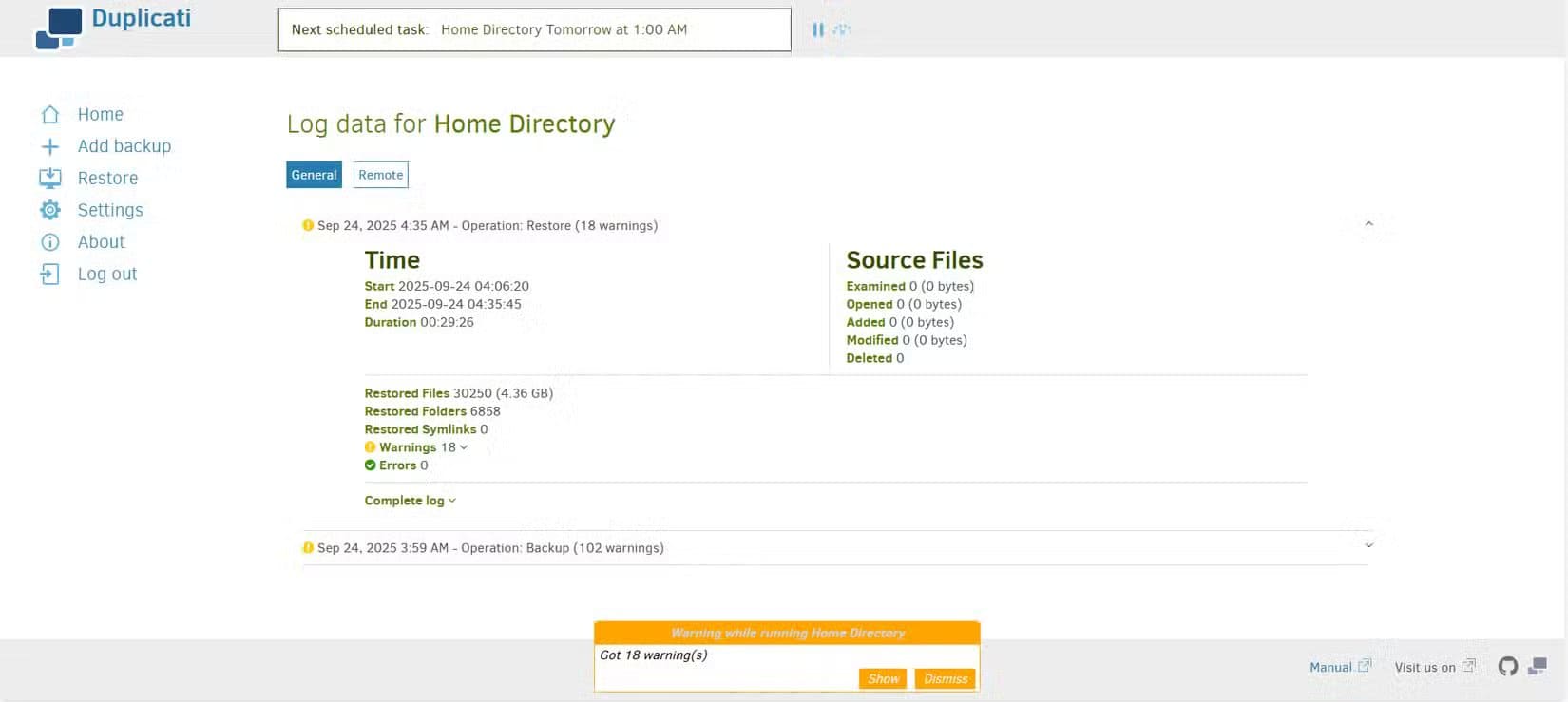 detailed-restore-information-in-duplicati طريقة موثوقة لعمل نسخ احتياطي لملفات Windows باستخدام أداة مفتوحة المصدر