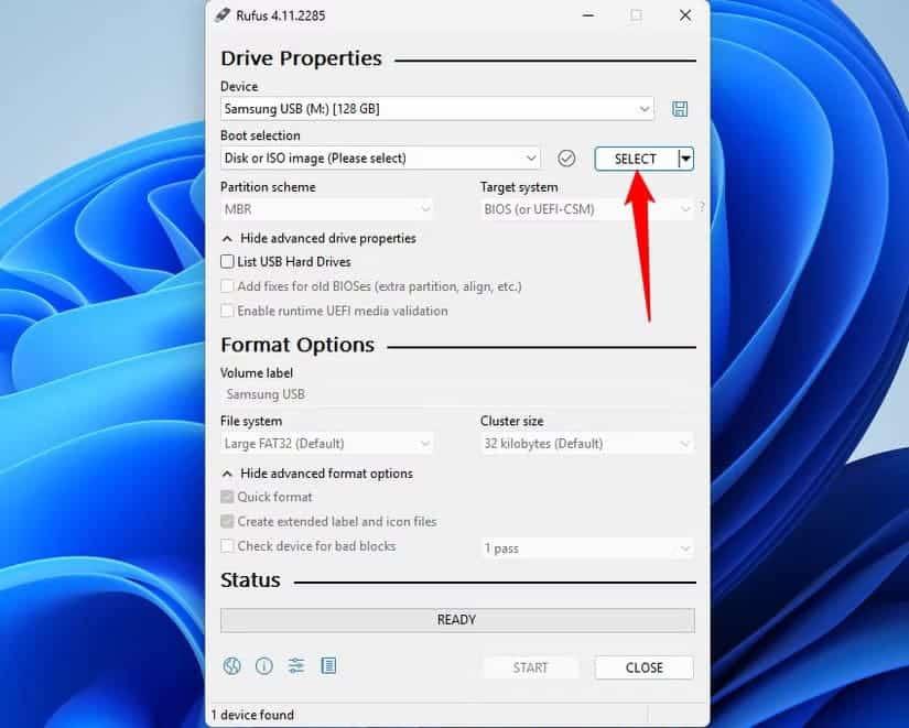 hit-the-select-button-to-pick-the-iso-you-downloaded خطوات تثبيت Windows 11 على أي كمبيوتر غير مدعوم بسهولة تامة