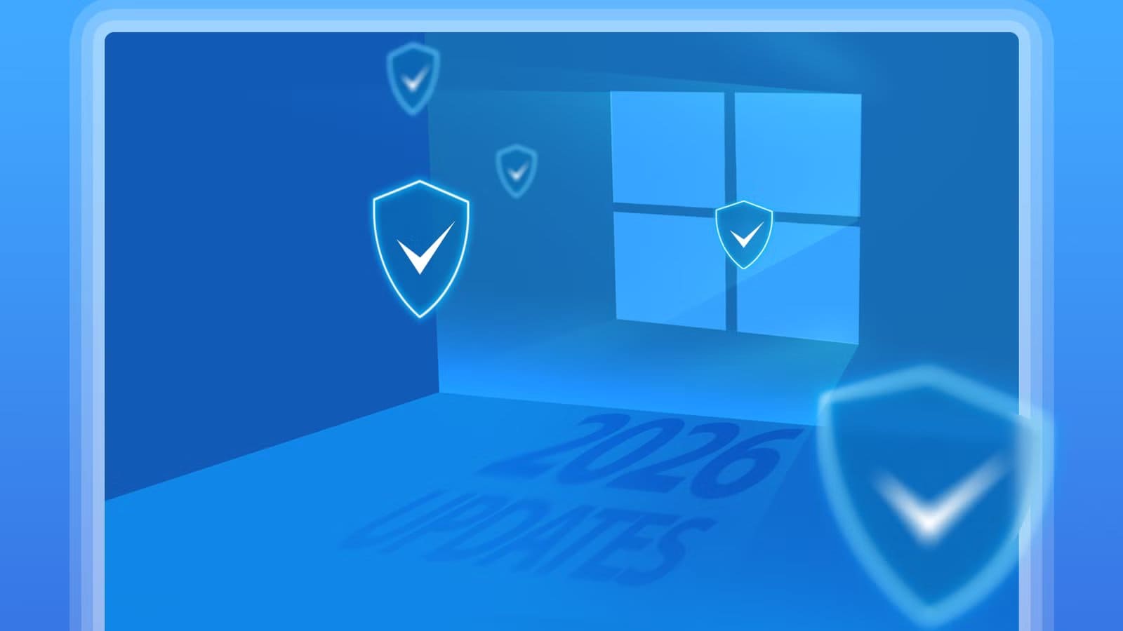 illustration-of-a-glowing-windows-10-logo-inside-a-blue-room-surrounded-by-security-shields-with-the-words-2026-updates-on-the-floor كيف تضمن استمرار تحديثات الأمان على جهازك بعد انتهاء دعم ويندوز 10