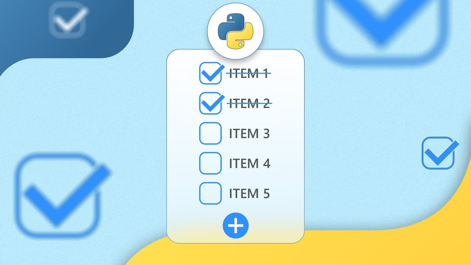 illustration-showing-a-python-logo-above-a-checklist-interface-with-multiple-items-and-blue-checkmarks ابدأ ببناء تطبيقك الرسومي الأول في Python باستخدام مكتبة Tkinter