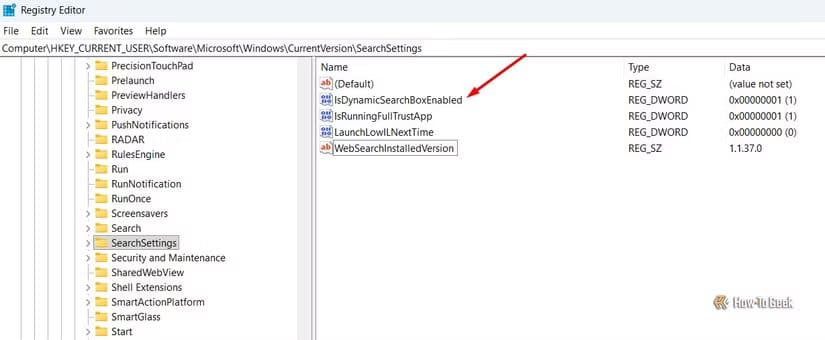 isdynamicsearchboxenabled-value-in-the-registry-editor طريقة بسيطة لإخفاء أيقونات البحث المزعجة من شريط مهام Windows 11