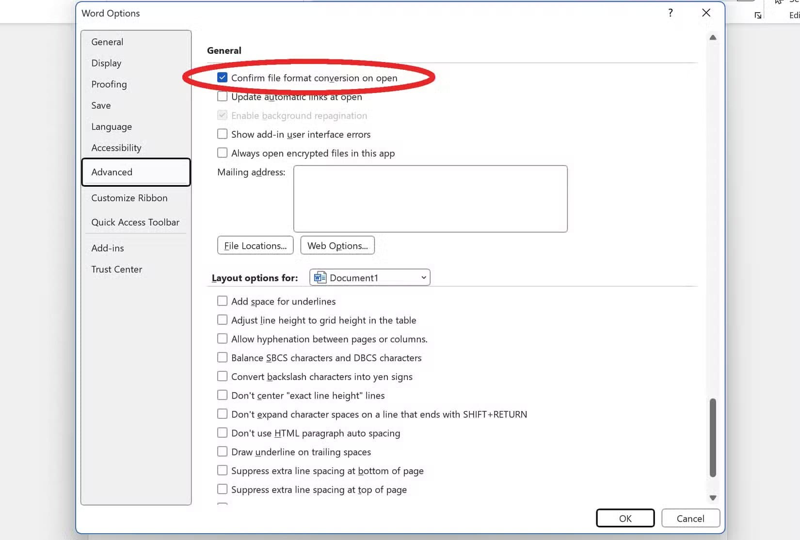microsoft-word-advanced-options-general طرق فعالة لإصلاح أخطاء مستند Word واستعادة النص المفقود
