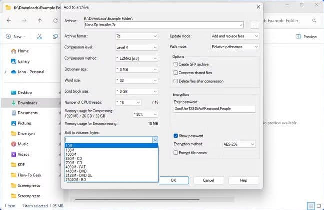 nanazip-split-volumes-with-a-password خمسة تطبيقات مفتوحة المصدر لا غنى عنها لمستخدمي Windows 11